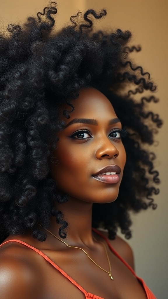 A woman with a beautiful curly afro hairstyle showcasing defined curls.
