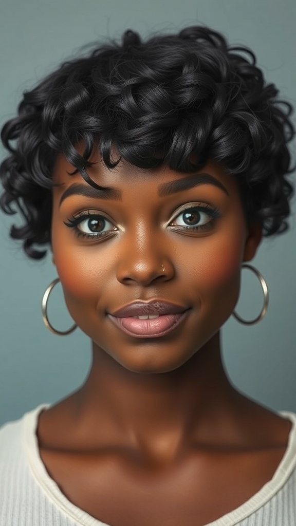 A woman with a short curly hairstyle and bangs, showcasing natural curls and a vibrant look.