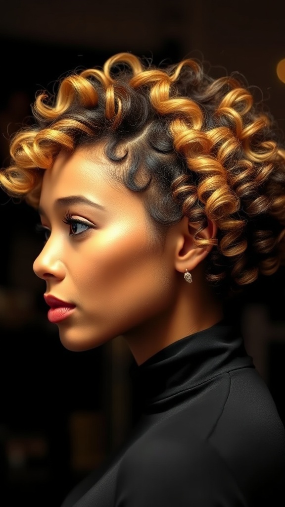 A woman with short, curly hair styled with a side part, showcasing defined curls and a vibrant color.
