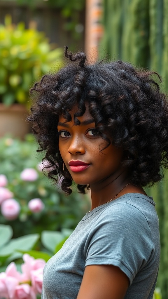 A woman with short curly hair styled in a half-up, half-down hairstyle, surrounded by greenery and flowers.