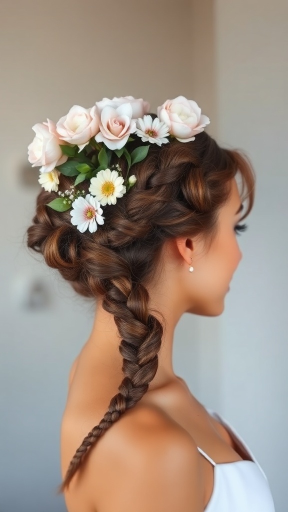 A beautifully styled curly halo braid accentuated with flowers, showcasing short curly hair.