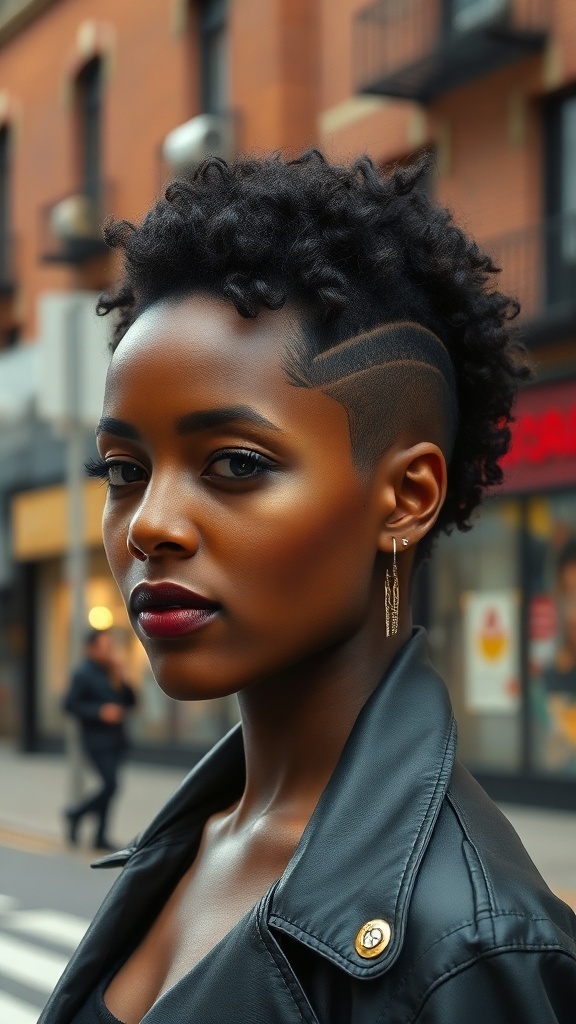 A woman with a curly undercut hairstyle, showcasing the contrast between her voluminous curls on top and shaved sides, all while dressed in a stylish black jacket.