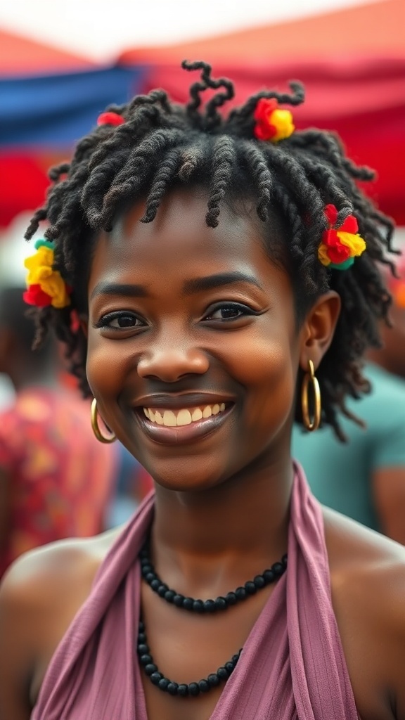 A smiling woman with defined short curly hair decorated with colorful flower hair accessories.