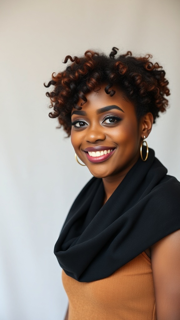 A smiling woman with short curly hair styled in a curly bob, wearing a black scarf and bronze top.