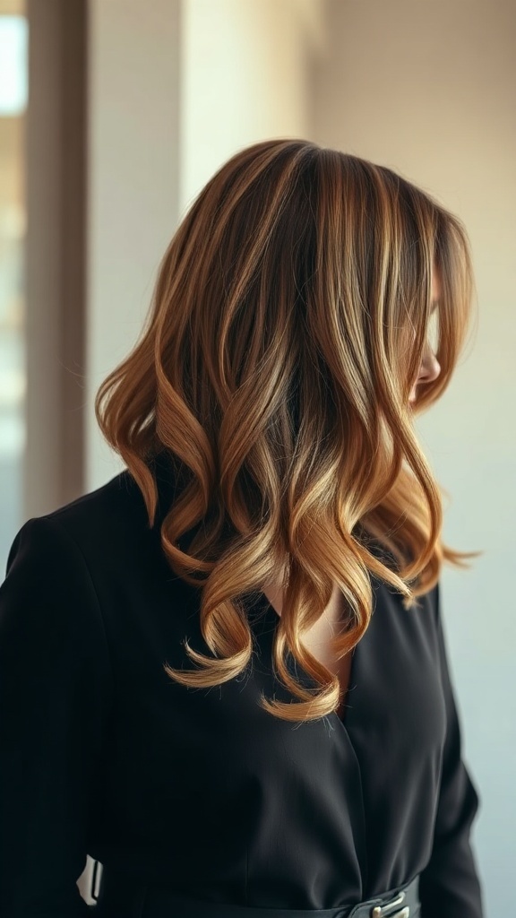 A woman with elegant curly lob hairstyle, featuring soft curls and warm highlights.