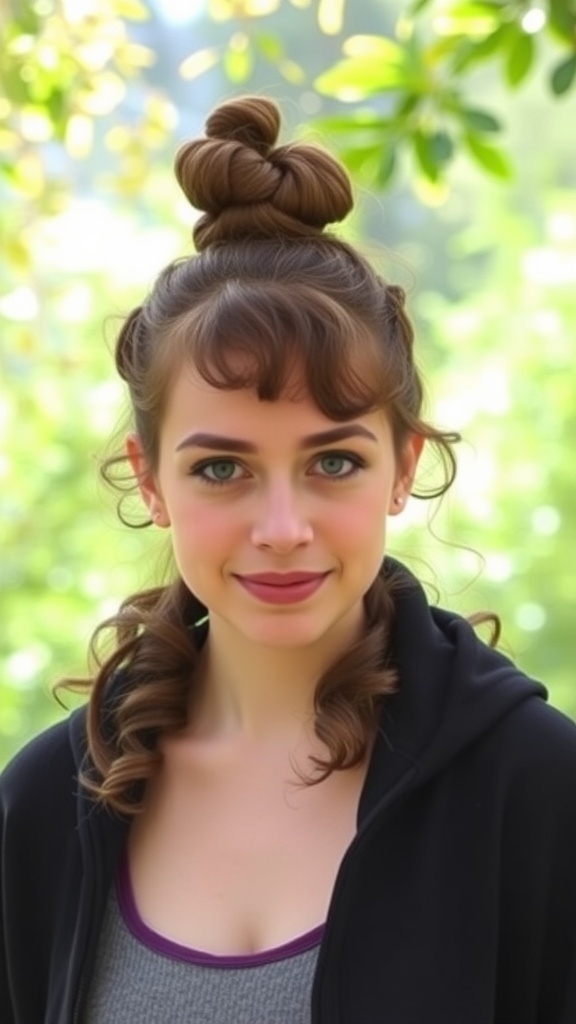 A young woman sporting a half-up curly top knot hairstyle, with soft curls framing her face.