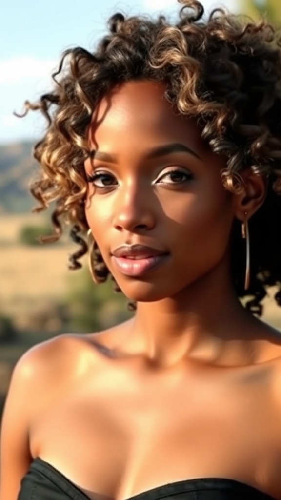 A woman with short layered curly hair, showcasing a vibrant and lively look.