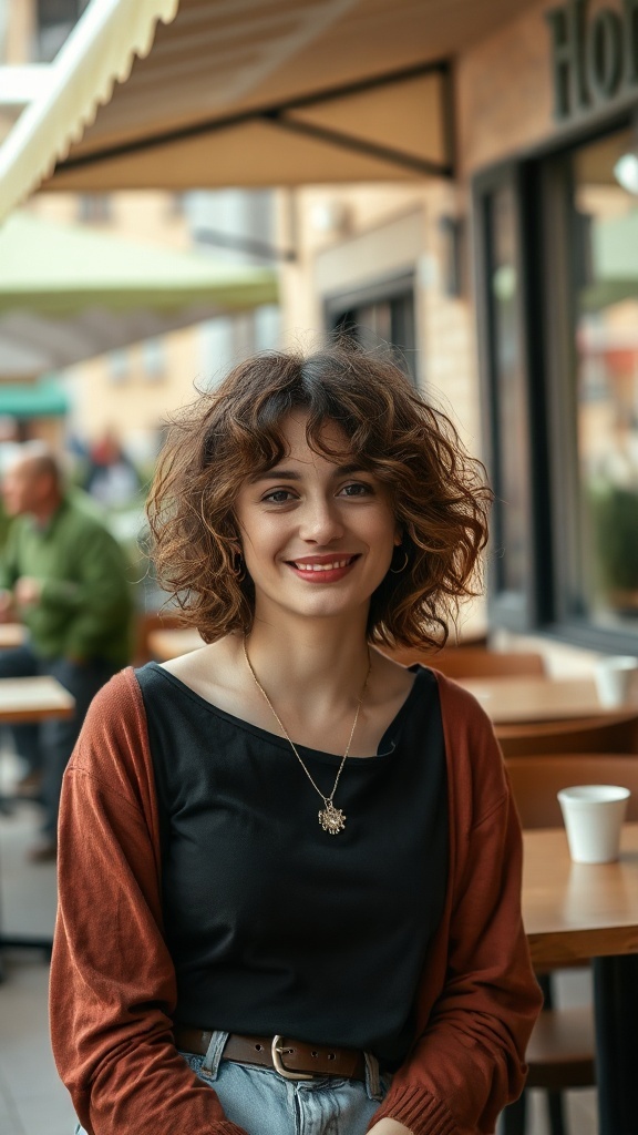 A woman with messy curly bob hairstyle, sitting outdoors at a cafe.