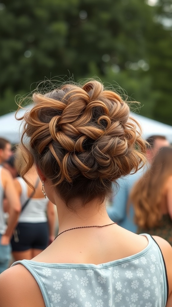 A styled messy curly updo with loose curls and twists.