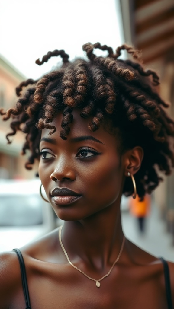 A woman with messy curly updo hairstyle, featuring defined curls in a loose style, showcasing her natural beauty.