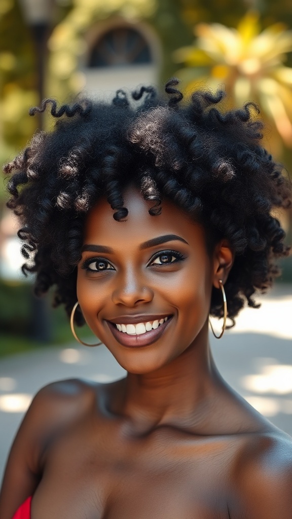 A woman with a beautiful natural curly crop hairstyle, showcasing tight curls and a radiant smile.