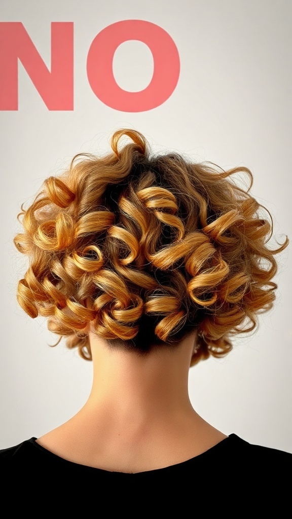 Back view of a playful curly bob hairstyle with tight curls in blonde tones.