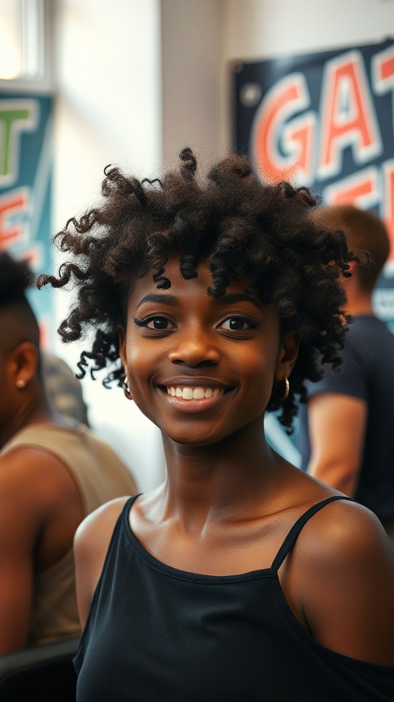 A young woman with a vibrant shaggy curly hairstyle, smiling in a casual setting.
