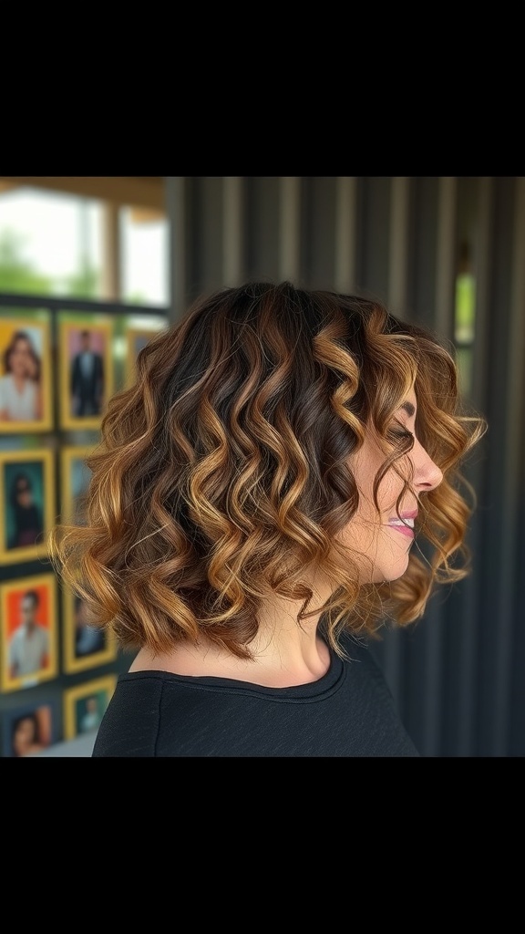 A woman with shoulder-length curly lob hairstyle, showcasing defined curls and layered texture.