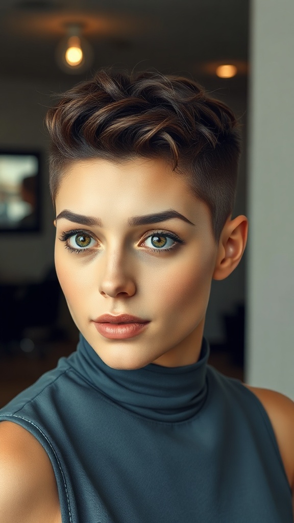 A woman with short curly hair styled in a sleek taper