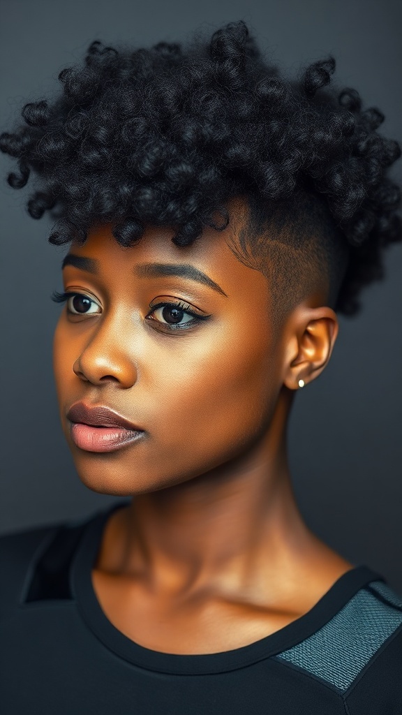 A close-up of a woman with a tapered curly haircut, showcasing defined curls on top and shaved sides.