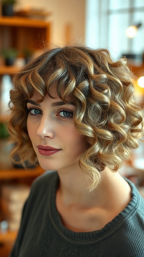 A woman with a textured curly bob hairstyle with bangs, showcasing defined curls and a fresh look.