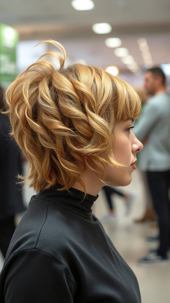 A woman showcasing a textured curly shag hairstyle with blonde curls.