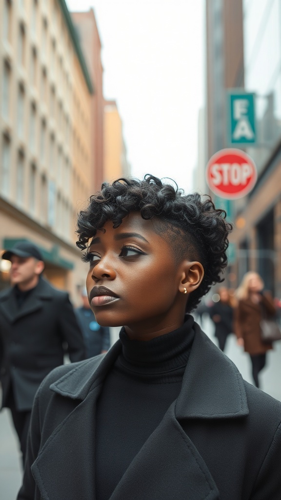 A woman with a textured pixie cut stands confidently in an urban setting, surrounded by blurred pedestrians.