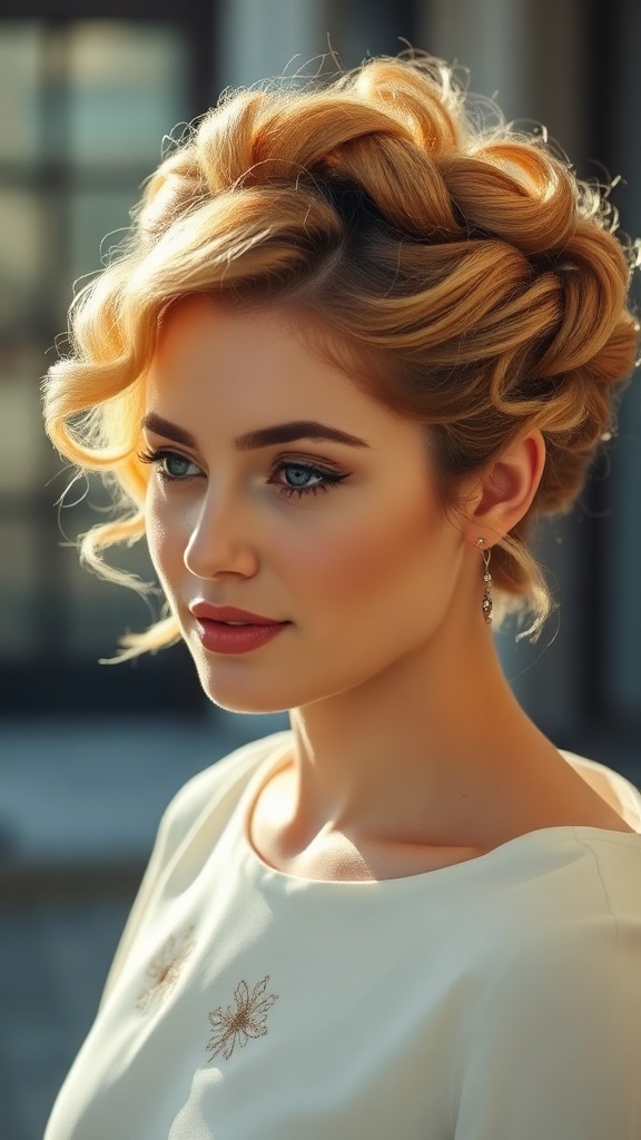 A woman with short curly hair styled in a twisted curly crown.