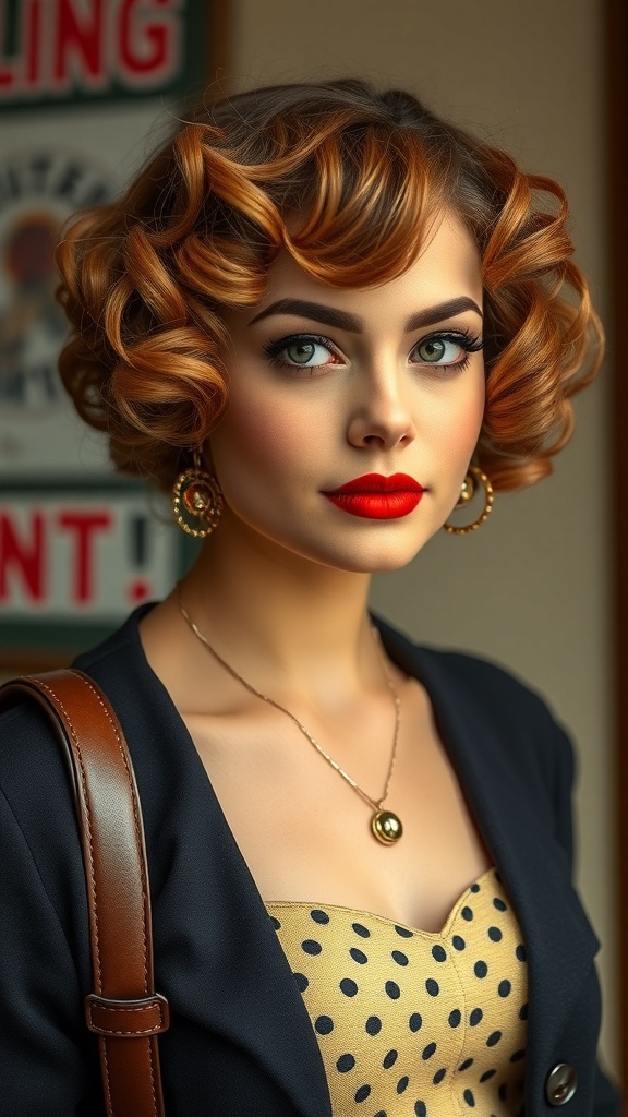 A woman with short curly hair styled in vintage finger waves, wearing a polka dot dress and bold makeup.