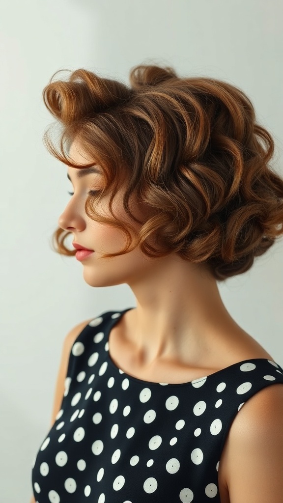 A woman with vintage inspired curly hairstyle wearing a polka dot dress.