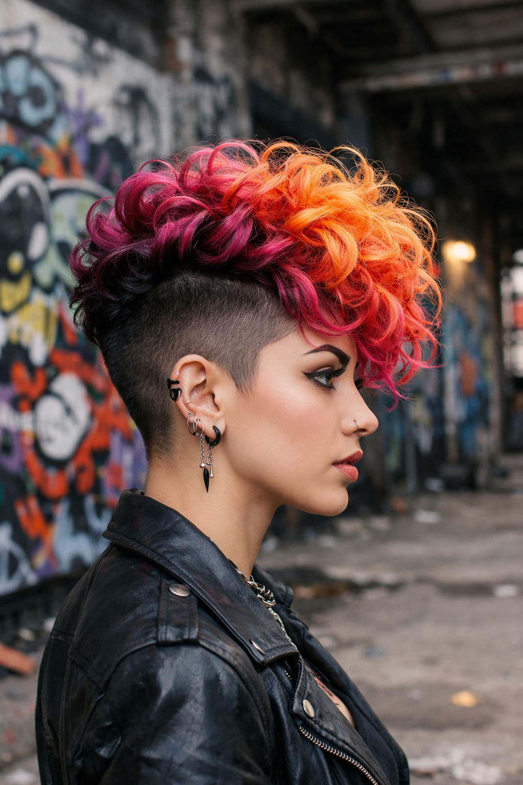 A stylish curly undercut hairstyle featuring bright curly top and shaved sides.