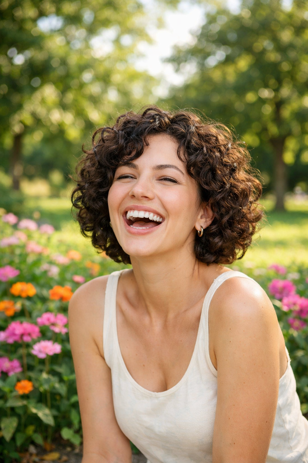 A person laughing outdoors with a playful curly bob hairstyle, surrounded by colorful flowers.