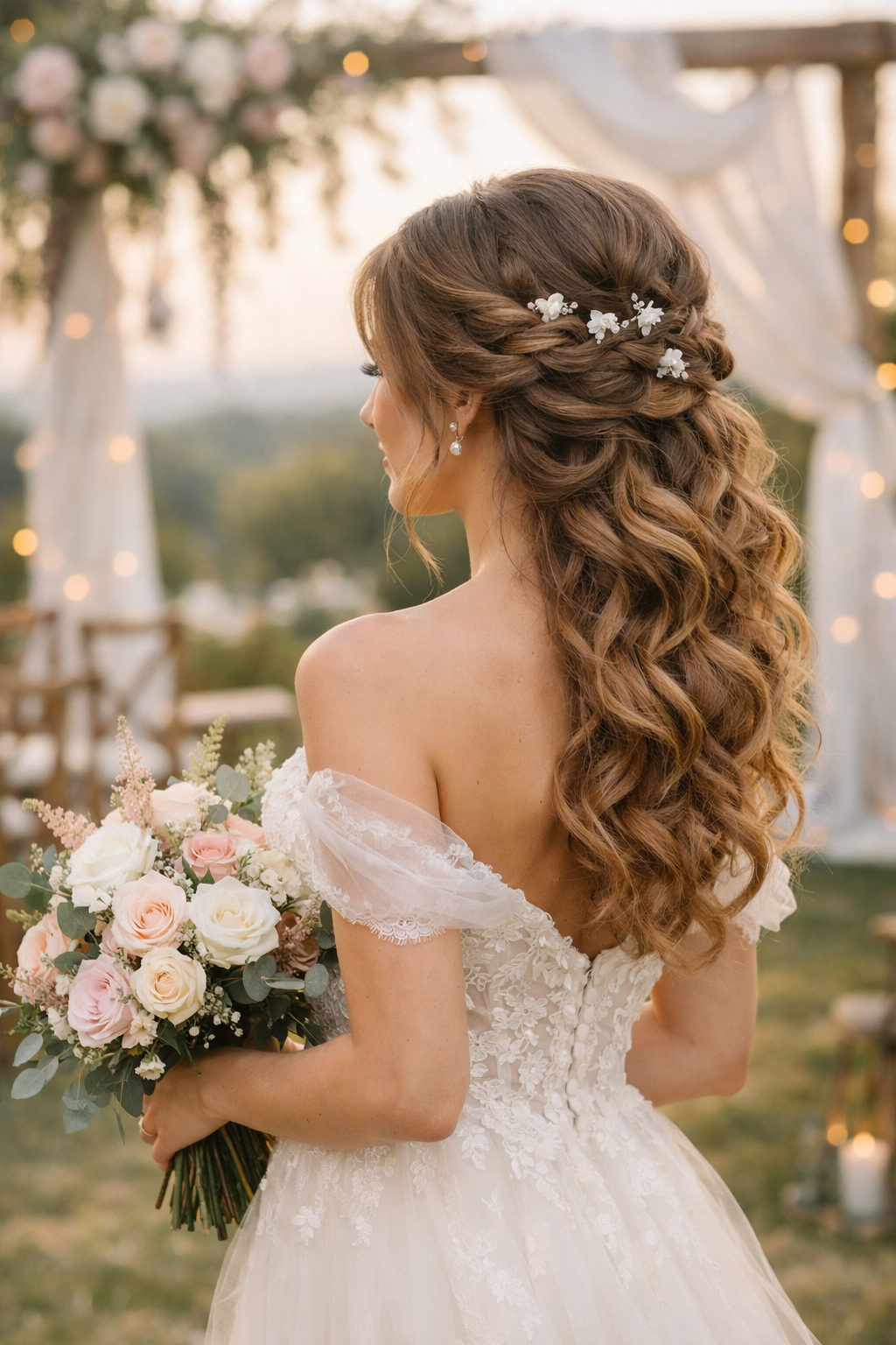 A woman in a beautiful dress with side-swept curls holding a bouquet of roses.