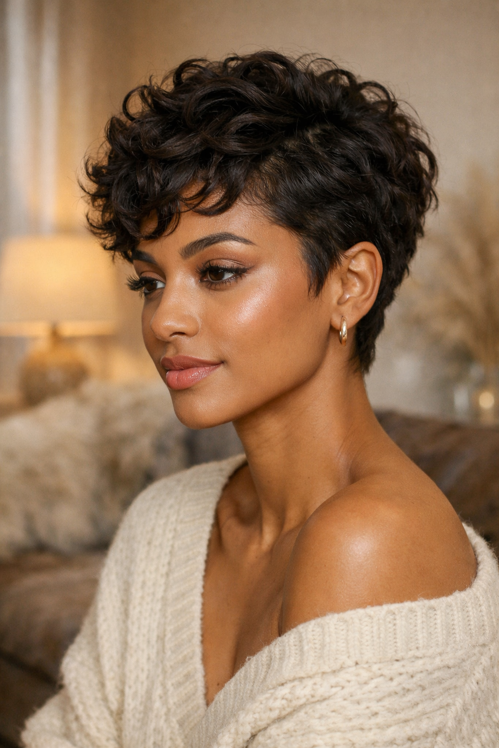 Textured pixie cut with defined curls, showcasing a stylish look in a cozy setting.