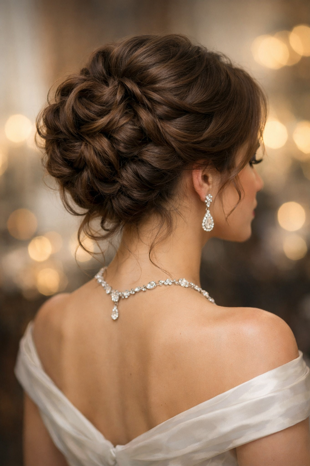 A beautifully styled twisted curly updo worn by a woman with elegant accessories.