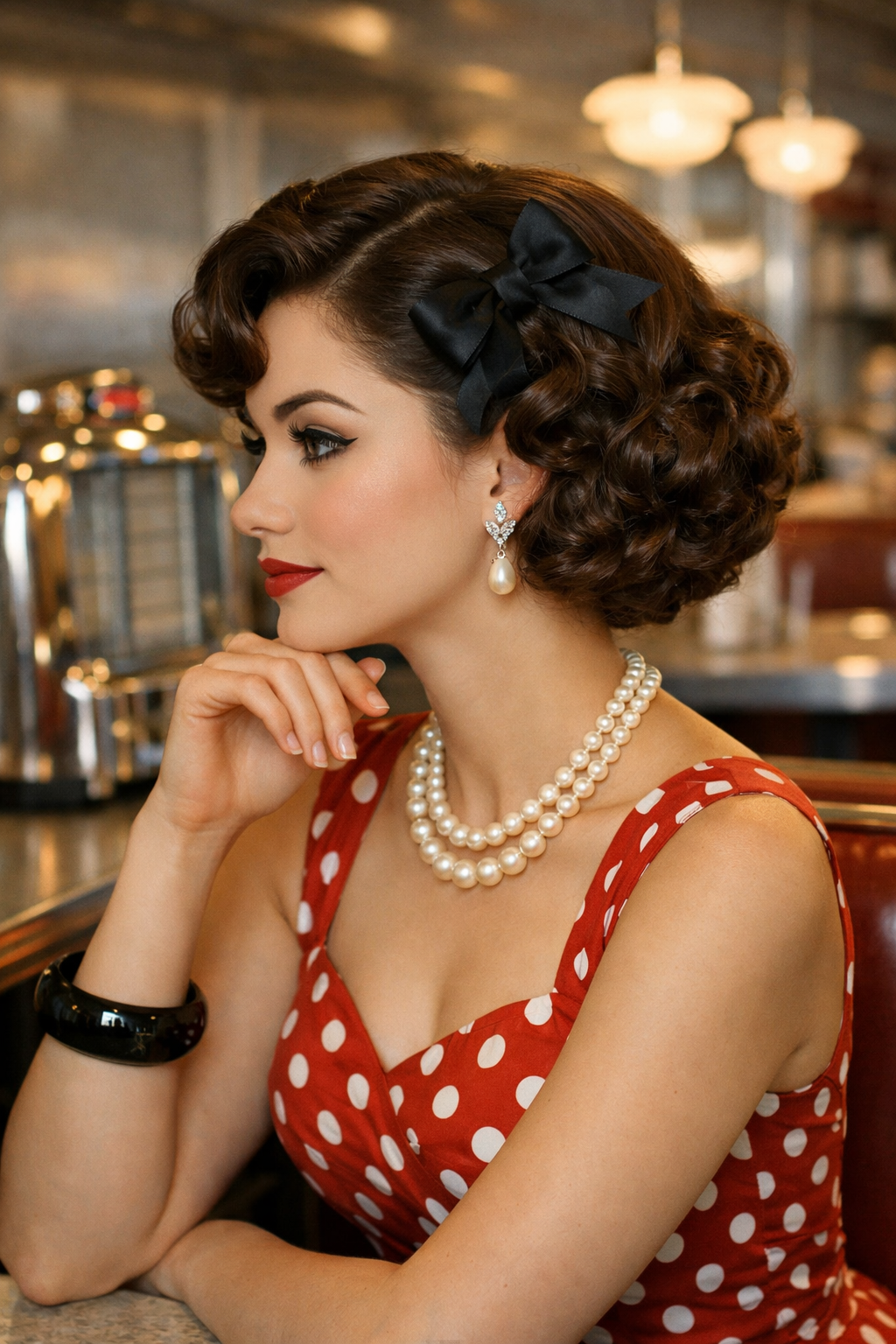 A woman with vintage inspired short curls wearing a polka dot dress and a black bow in her hair.