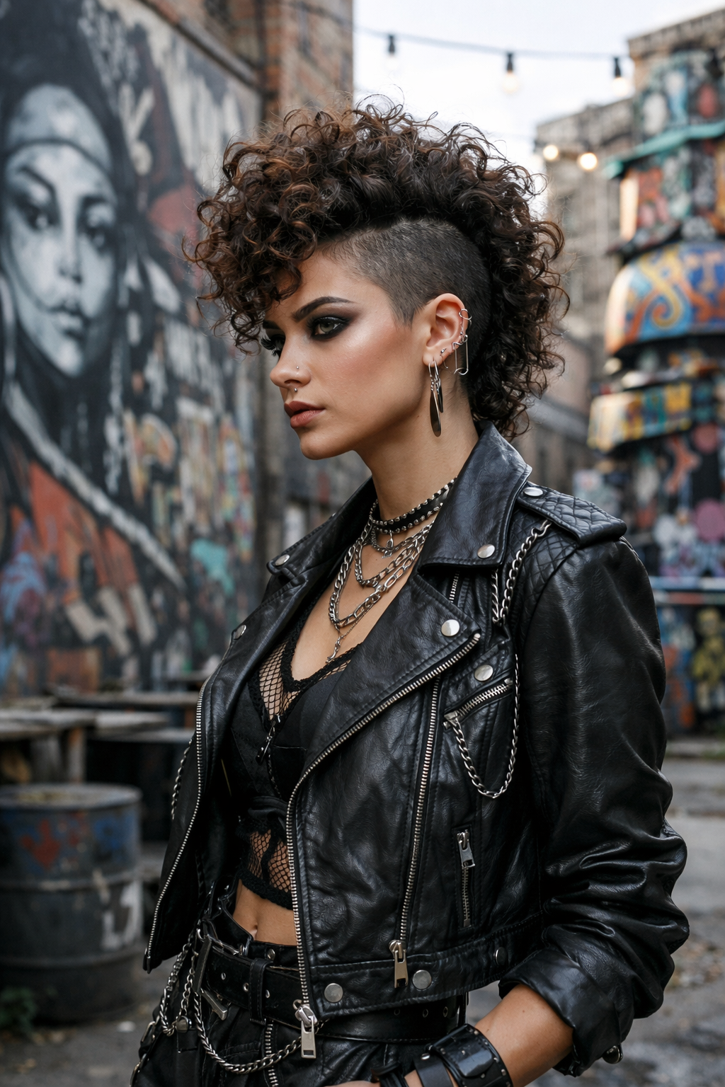A woman with a curly mohawk hairstyle, wearing a leather jacket and accessories in a vibrant urban setting.