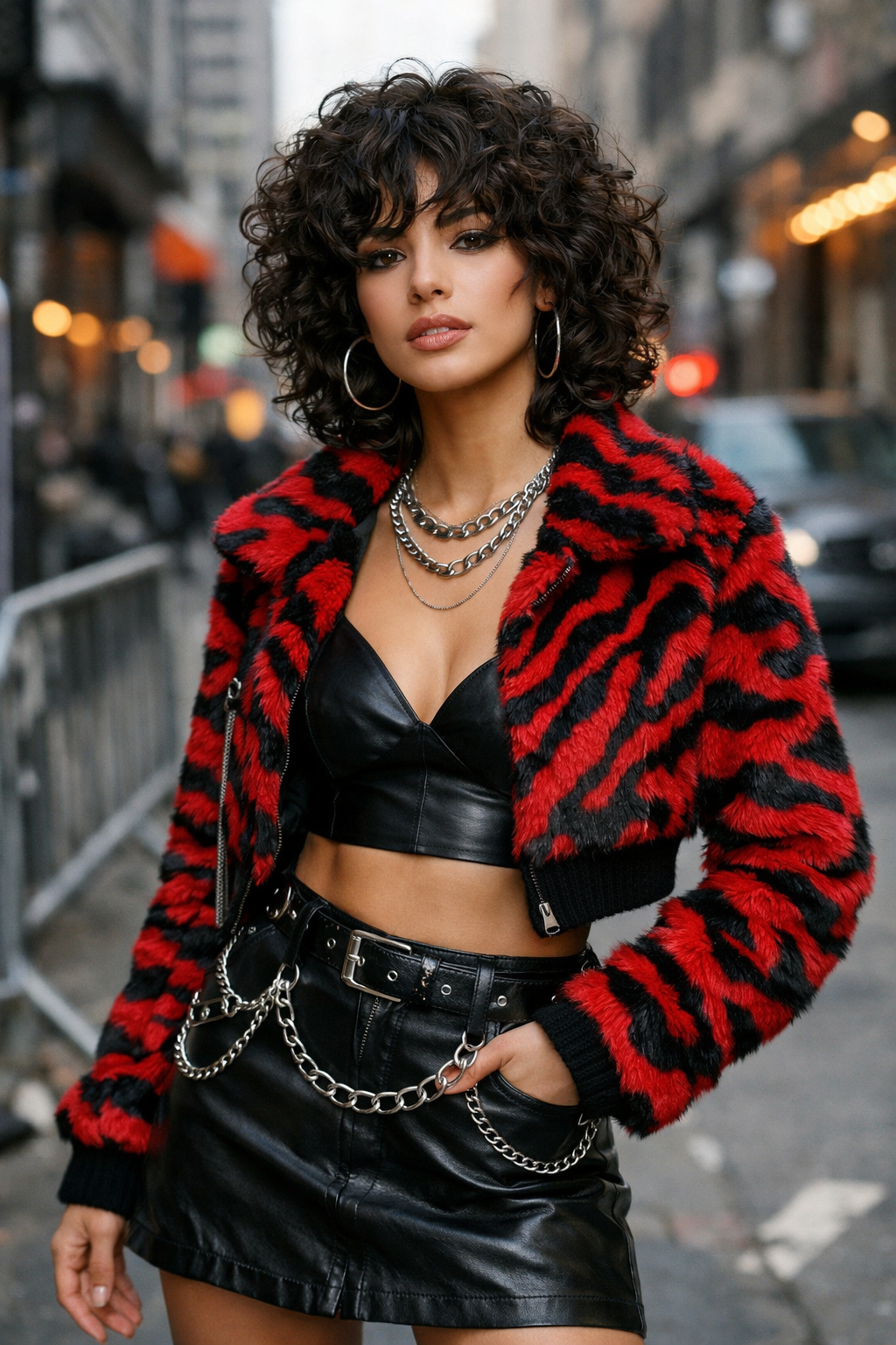A model with a curly shag cut wearing a striped red and black fur jacket, a black crop top, and a leather skirt, confidently posing in a city setting.