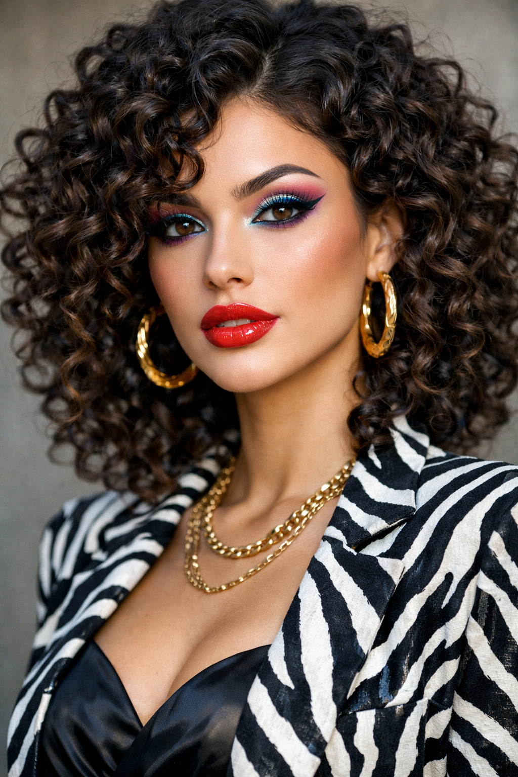 A woman with defined ringlets, bold makeup, and stylish accessories.