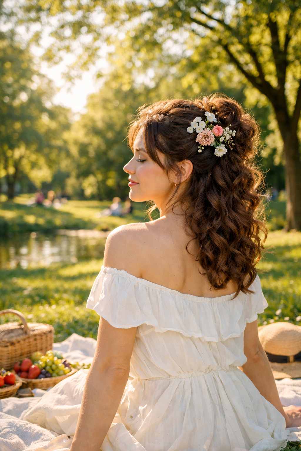 A woman with curly hair styled in a half-up look with flowers, sitting outdoors by a lake.