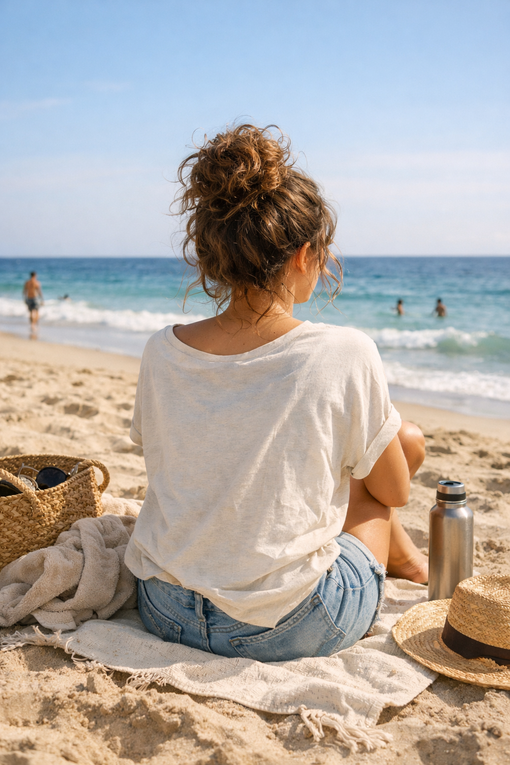 A woman with curly hair styled in a messy bun, sitting on the beach.