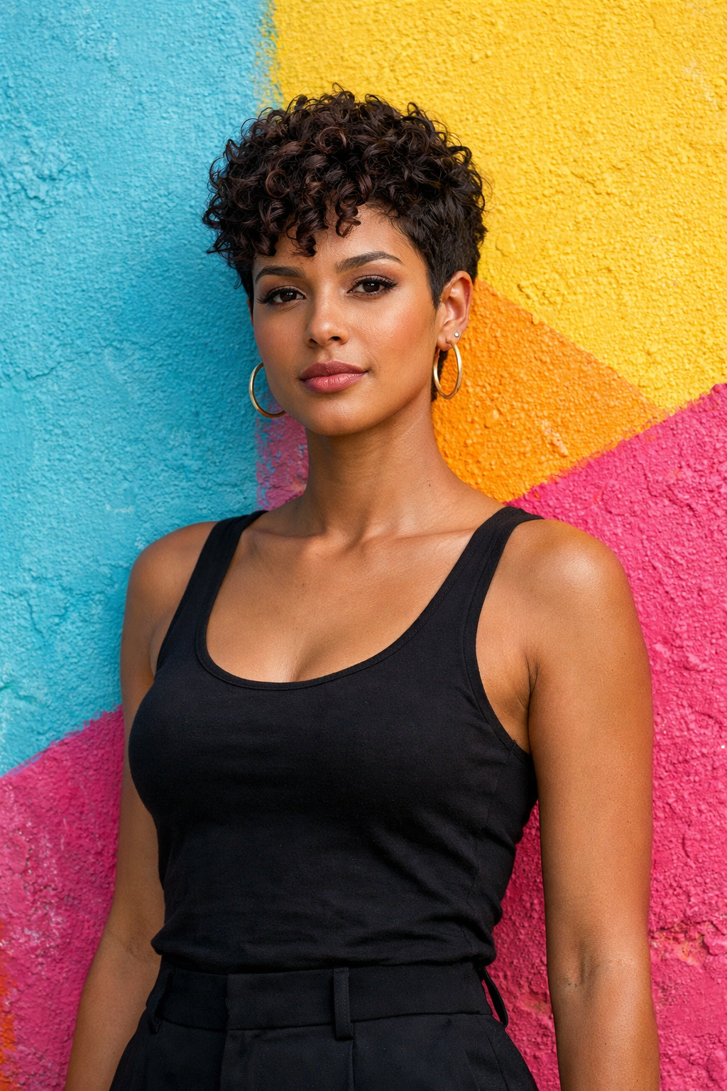 Woman with a textured pixie cut standing against a colorful wall