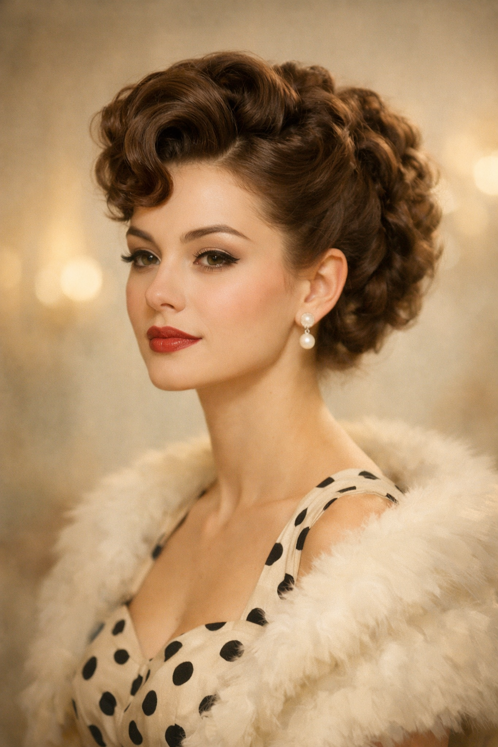 A woman with a vintage curly updo hairstyle, wearing a polka dot dress and pearl earrings.