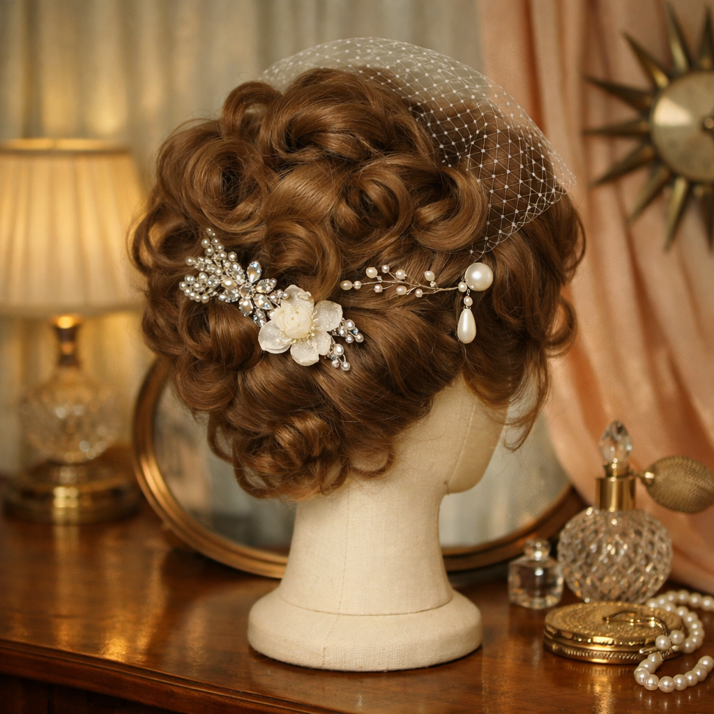 A vintage-inspired curly updo hairstyle with floral and pearl embellishments