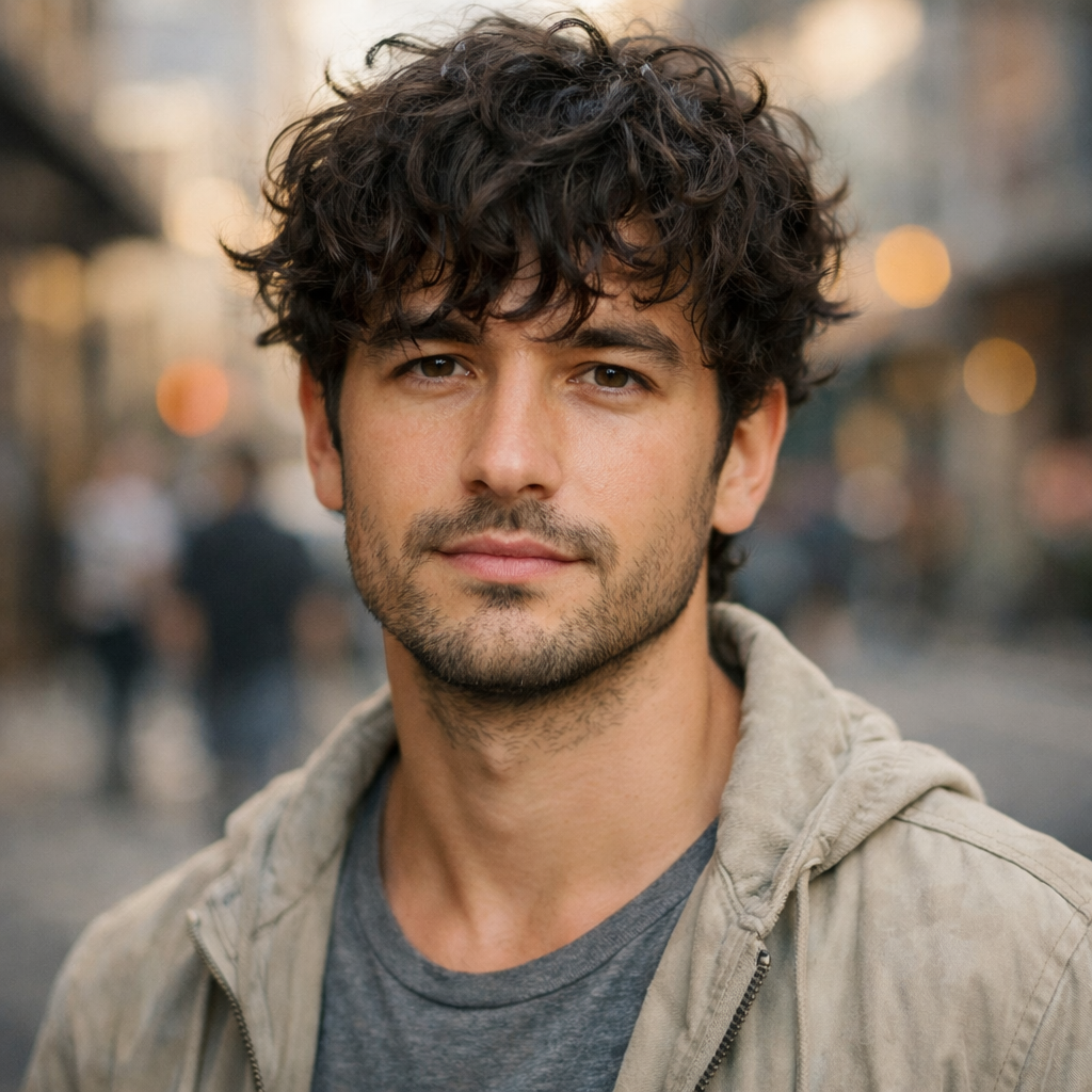 A young man with curly hair and a casual style, showing off a relaxed and trendy curly fringe hairstyle.