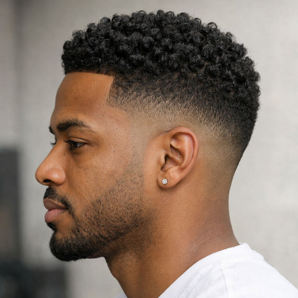 A man with a classic curly fade hairstyle, featuring tight curls on top and a gradual fade on the sides.