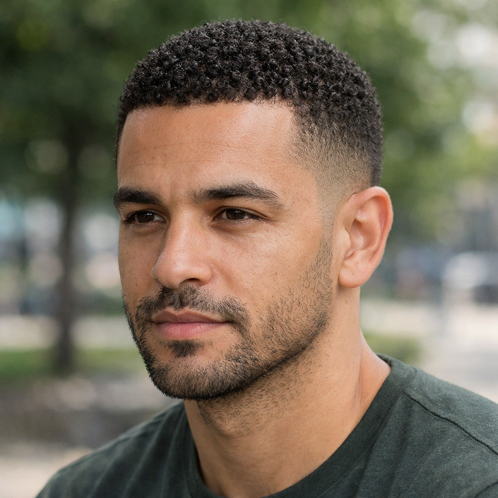 Man with a curly buzz cut hairstyle