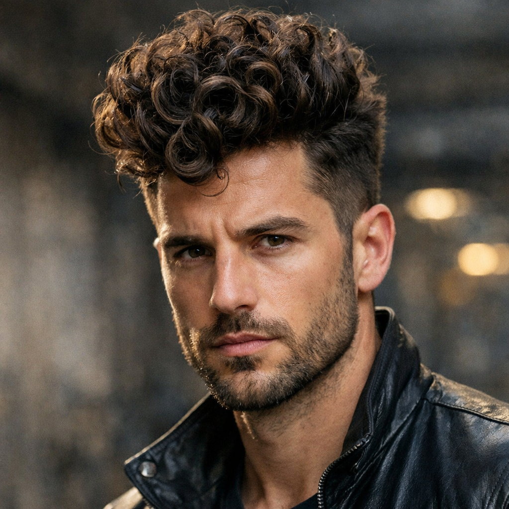 A man with a stylish curly quiff hairstyle, showcasing voluminous curls on top and trimmed sides.