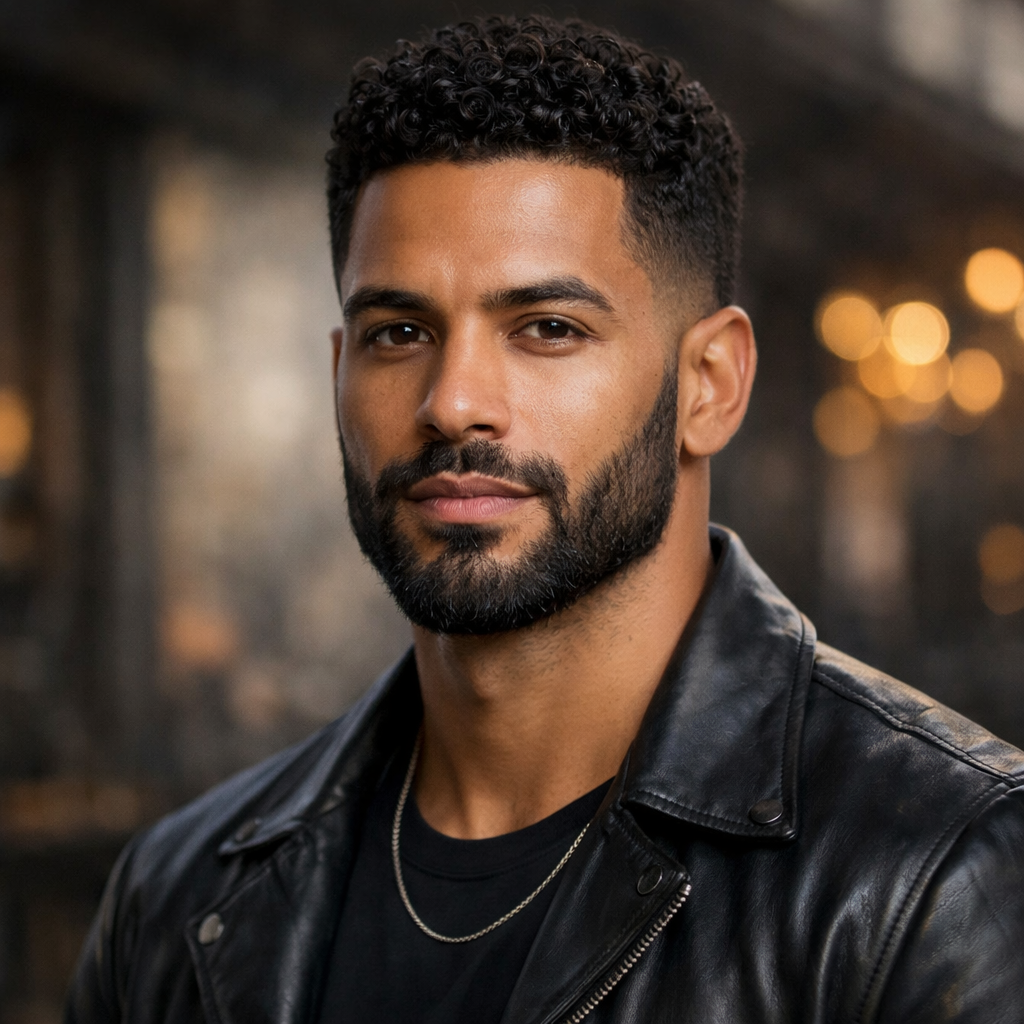 Man with defined curls and a beard in a stylish leather jacket