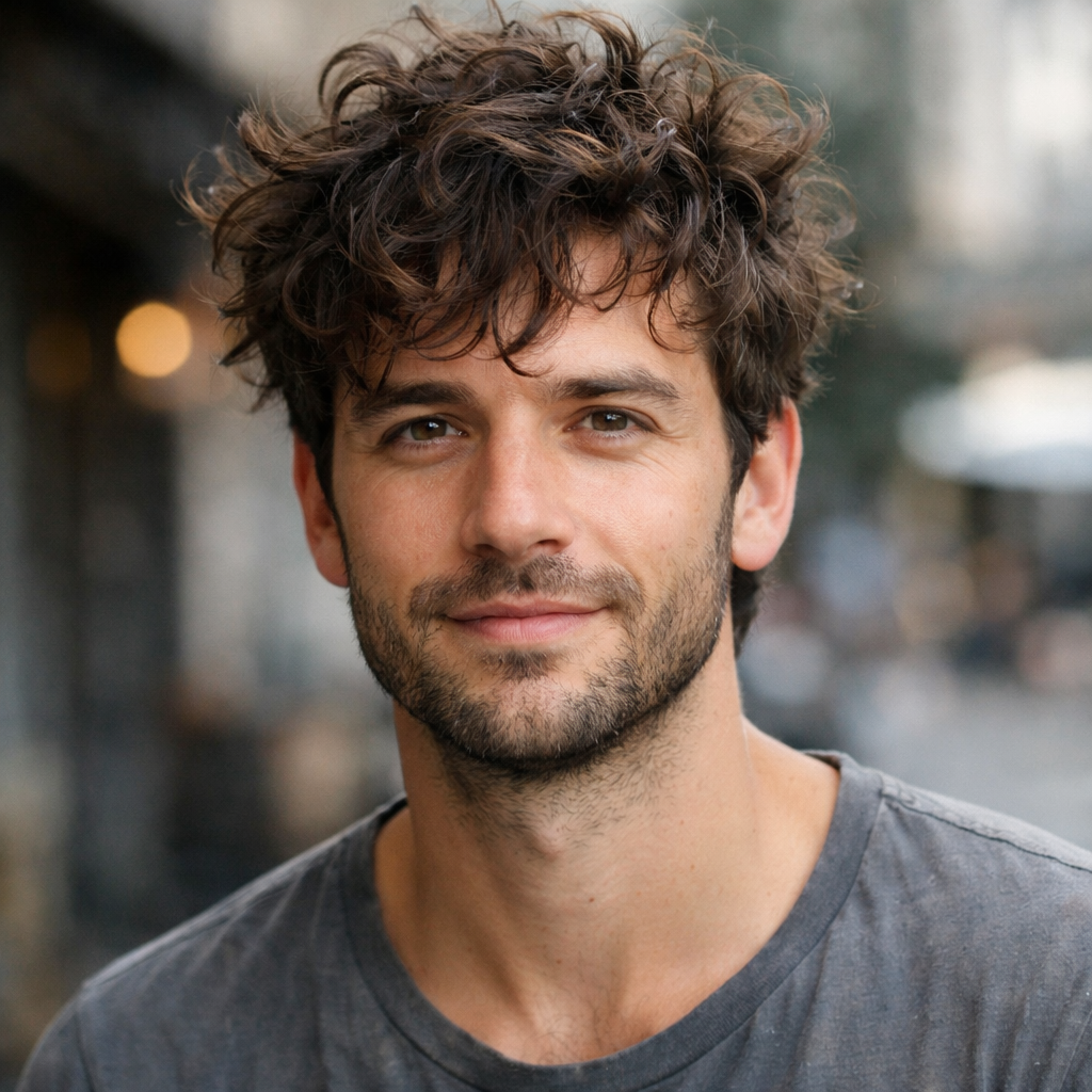 A man with messy curly hair smiling outdoors.
