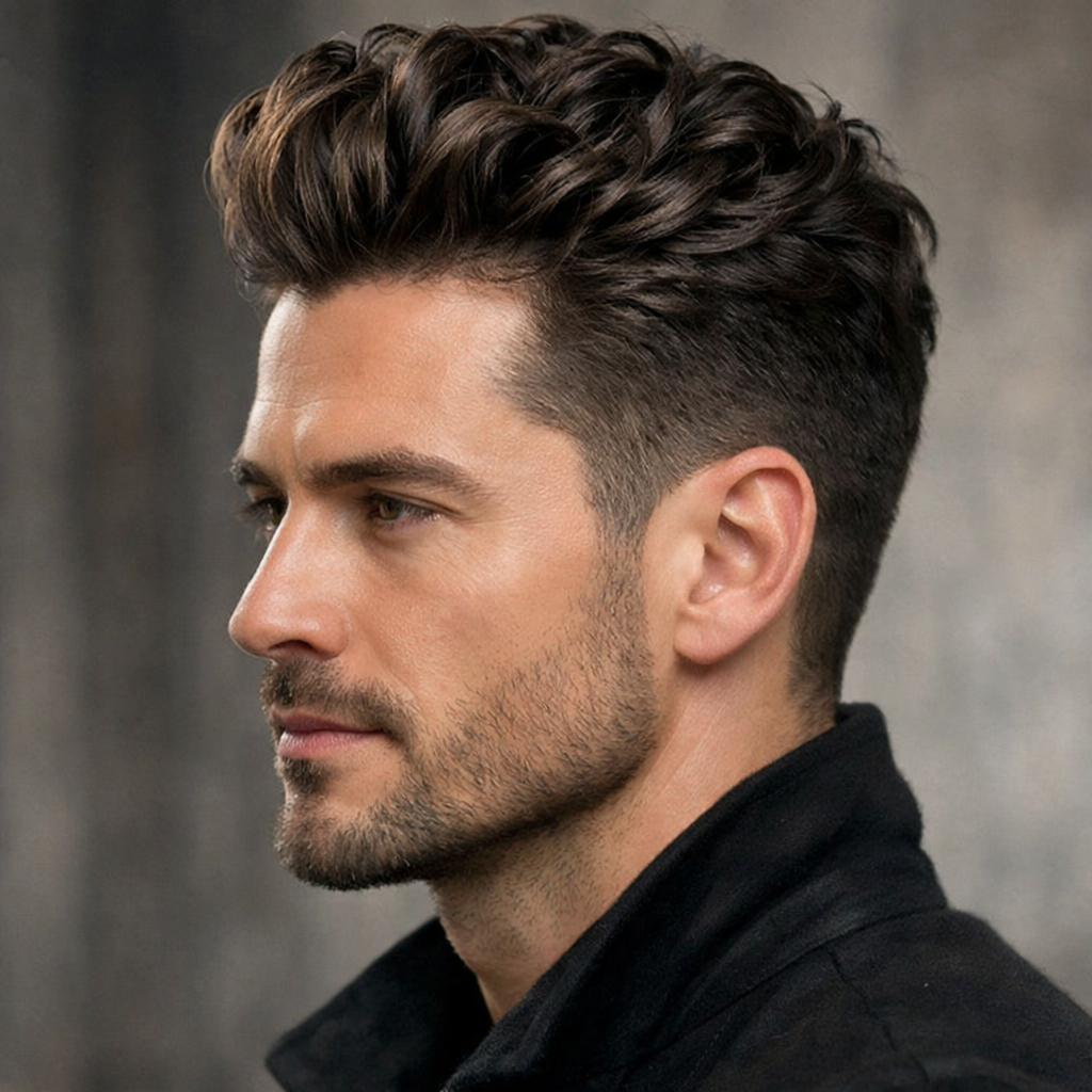 A man with a short curly pompadour hairstyle, showcasing defined curls on top and shorter sides.