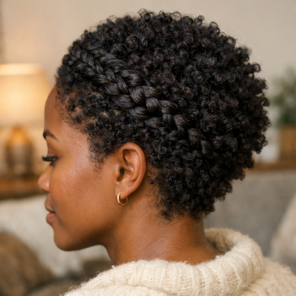 Short curly hair styled with a braided headband