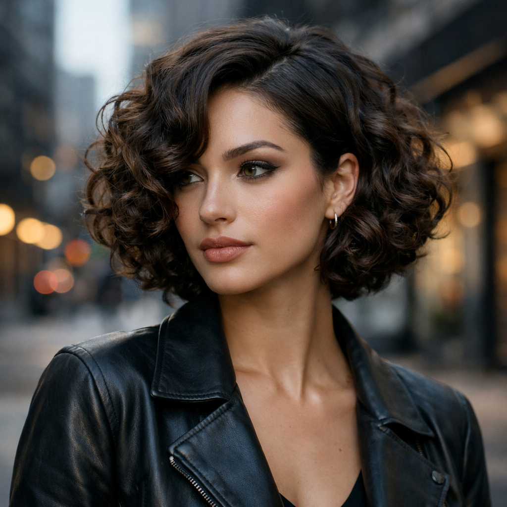 A woman with a curly bob hairstyle featuring a side part, wearing a leather jacket