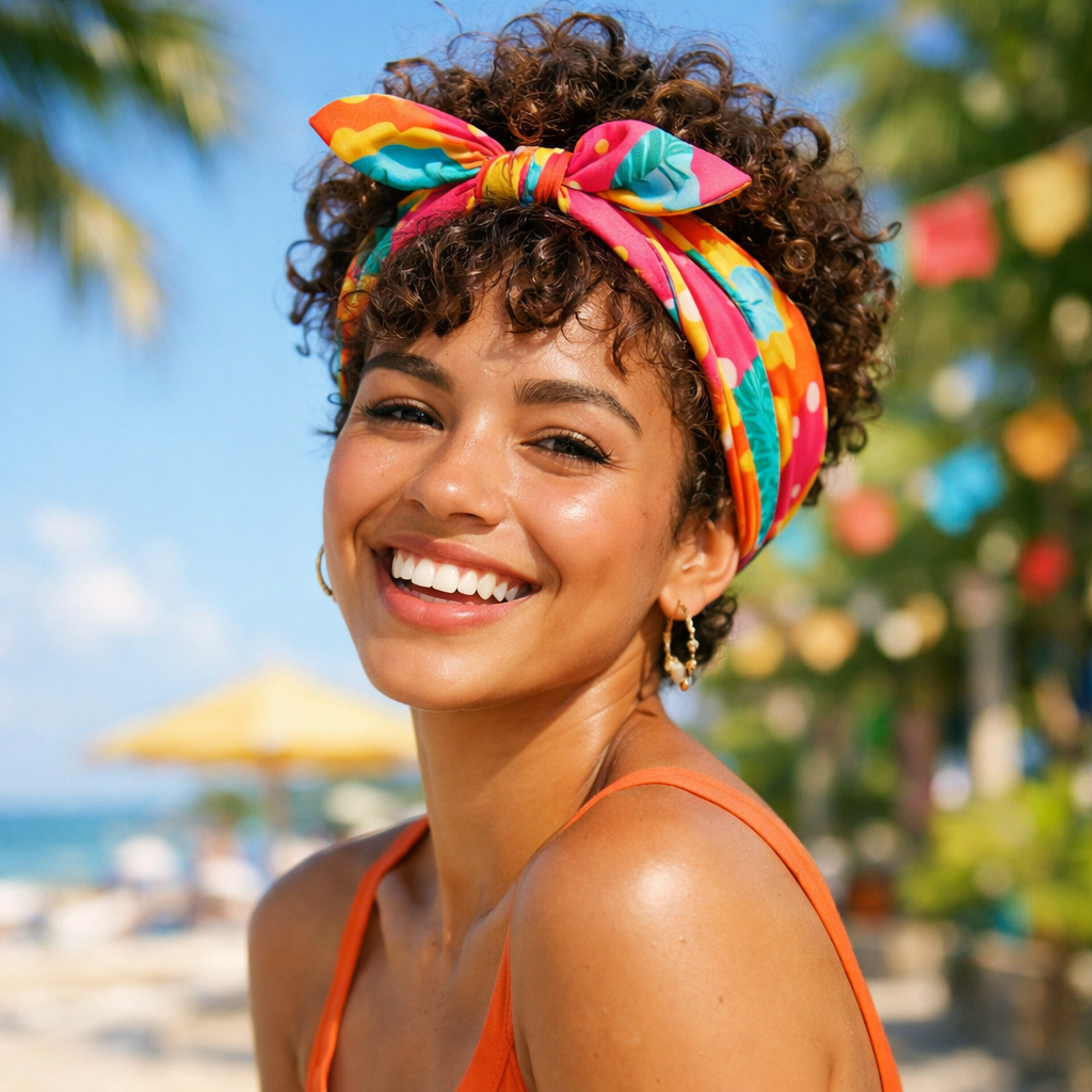 Woman with short curly hair and colorful scarf, smiling outdoors